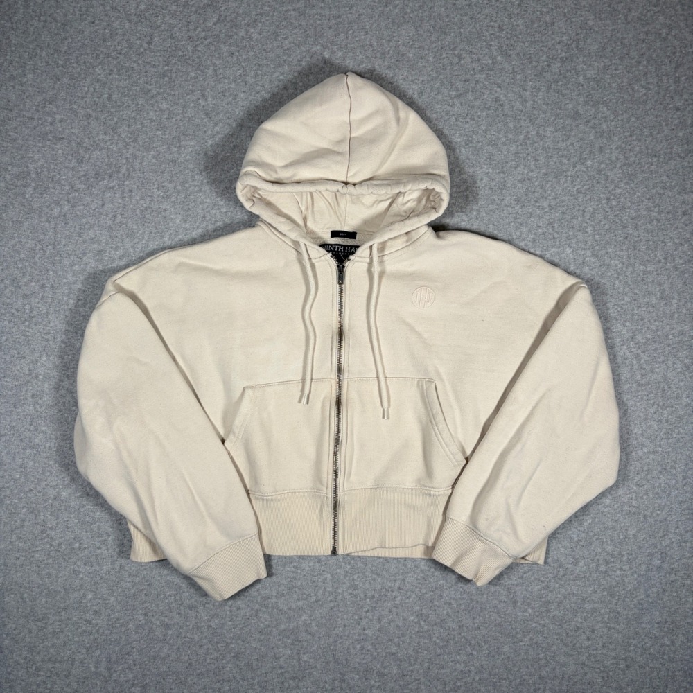 Ninth Hall Fundamentals Zip Up Hoodie Women Medium Cream Boxy Cropped Fleece
